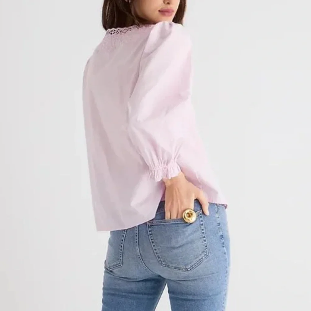 J. Crew Light Pink Lace-Trim V-Neck Blouse